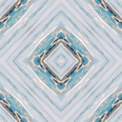 A digital artwork featuring a symmetrical geometric pattern with diamond shapes. The design has a kaleidoscopic effect with various shades of blue, pale yellow, and cream intertwining across the canvas, creating a visually compelling abstract look.