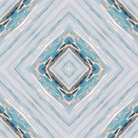 A digital artwork featuring a symmetrical geometric pattern with diamond shapes. The design has a kaleidoscopic effect with various shades of blue, pale yellow, and cream intertwining across the canvas, creating a visually compelling abstract look.