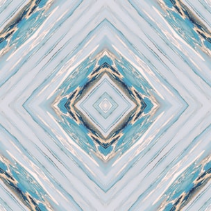A digital artwork featuring a symmetrical geometric pattern with diamond shapes. The design has a kaleidoscopic effect with various shades of blue, pale yellow, and cream intertwining across the canvas, creating a visually compelling abstract look.