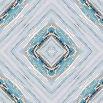 A digital artwork featuring a symmetrical geometric pattern with diamond shapes. The design has a kaleidoscopic effect with various shades of blue, pale yellow, and cream intertwining across the canvas, creating a visually compelling abstract look.