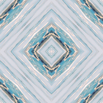 A digital artwork featuring a symmetrical geometric pattern with diamond shapes. The design has a kaleidoscopic effect with various shades of blue, pale yellow, and cream intertwining across the canvas, creating a visually compelling abstract look.