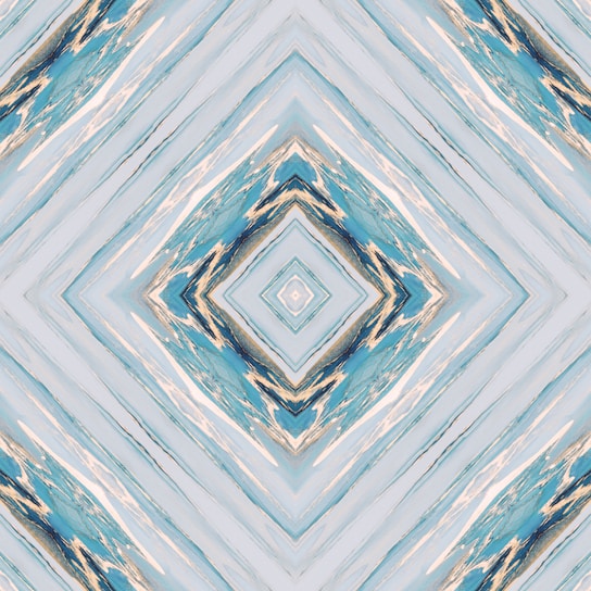 A digital artwork featuring a symmetrical geometric pattern with diamond shapes. The design has a kaleidoscopic effect with various shades of blue, pale yellow, and cream intertwining across the canvas, creating a visually compelling abstract look.