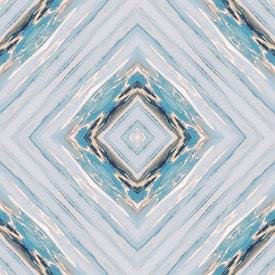 A digital artwork featuring a symmetrical geometric pattern with diamond shapes. The design has a kaleidoscopic effect with various shades of blue, pale yellow, and cream intertwining across the canvas, creating a visually compelling abstract look.