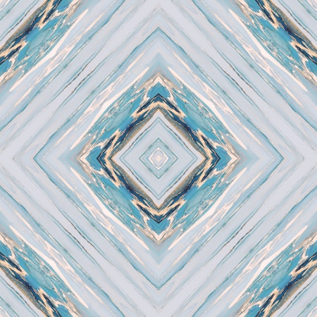 A digital artwork featuring a symmetrical geometric pattern with diamond shapes. The design has a kaleidoscopic effect with various shades of blue, pale yellow, and cream intertwining across the canvas, creating a visually compelling abstract look.
