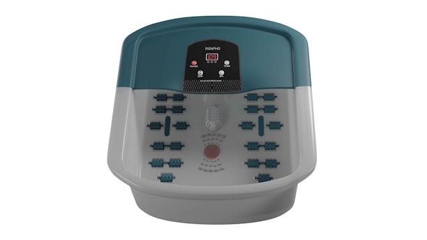 A foot spa bath massager with a digital control panel on the top featuring power and temperature buttons. The interior has multiple massage rollers and textured surfaces for foot therapy.