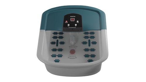 A foot spa bath massager with a digital control panel on the top featuring power and temperature buttons. The interior has multiple massage rollers and textured surfaces for foot therapy.