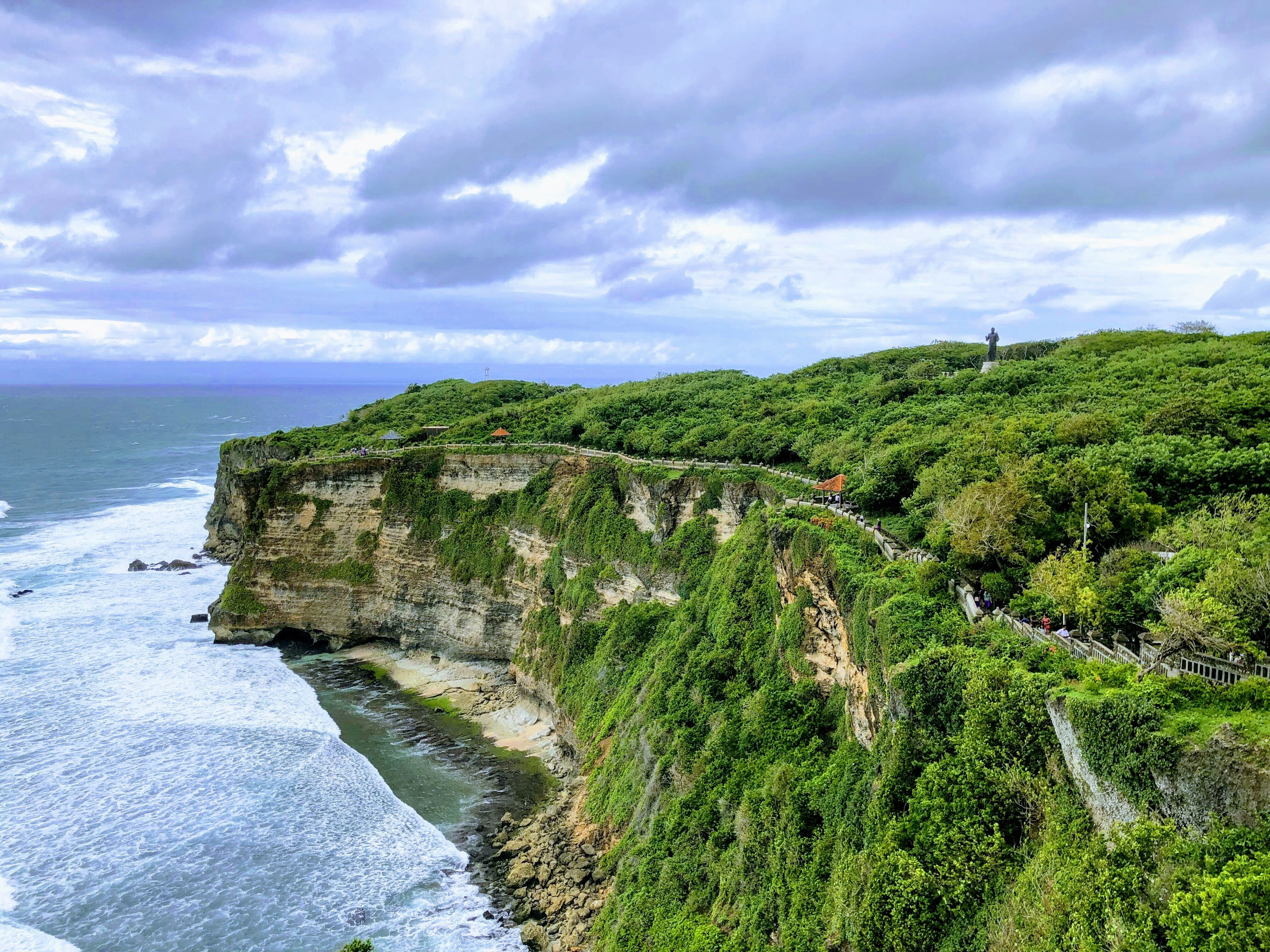 Dramatic Hawaiian sea cliffs with lush green vegetation and crashing ocean waves below
