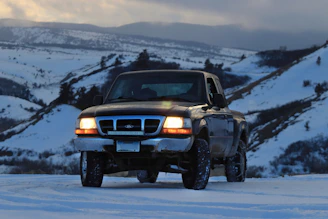 A rugged pickup truck being carefully loaded onto an open auto transport carrier at dawn.