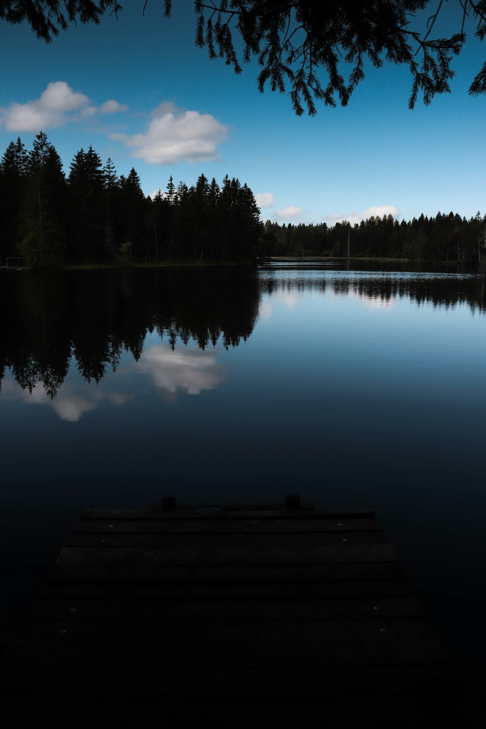 Un banco sentado en el borde de un lago