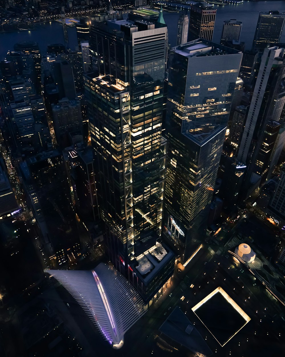 an aerial view of a city at night