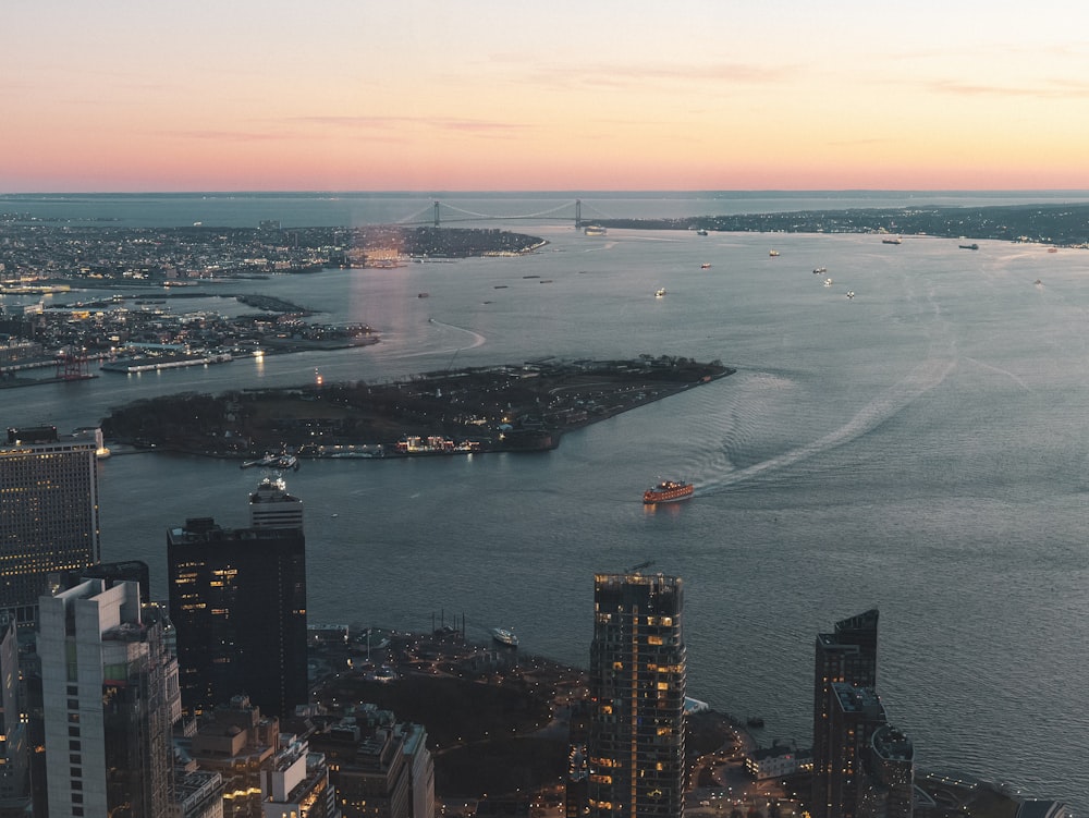 a large body of water surrounded by tall buildings