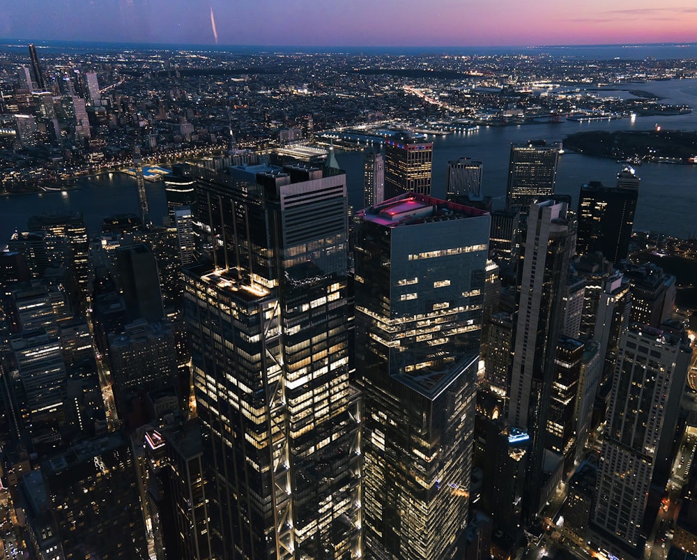 an aerial view of a city at night