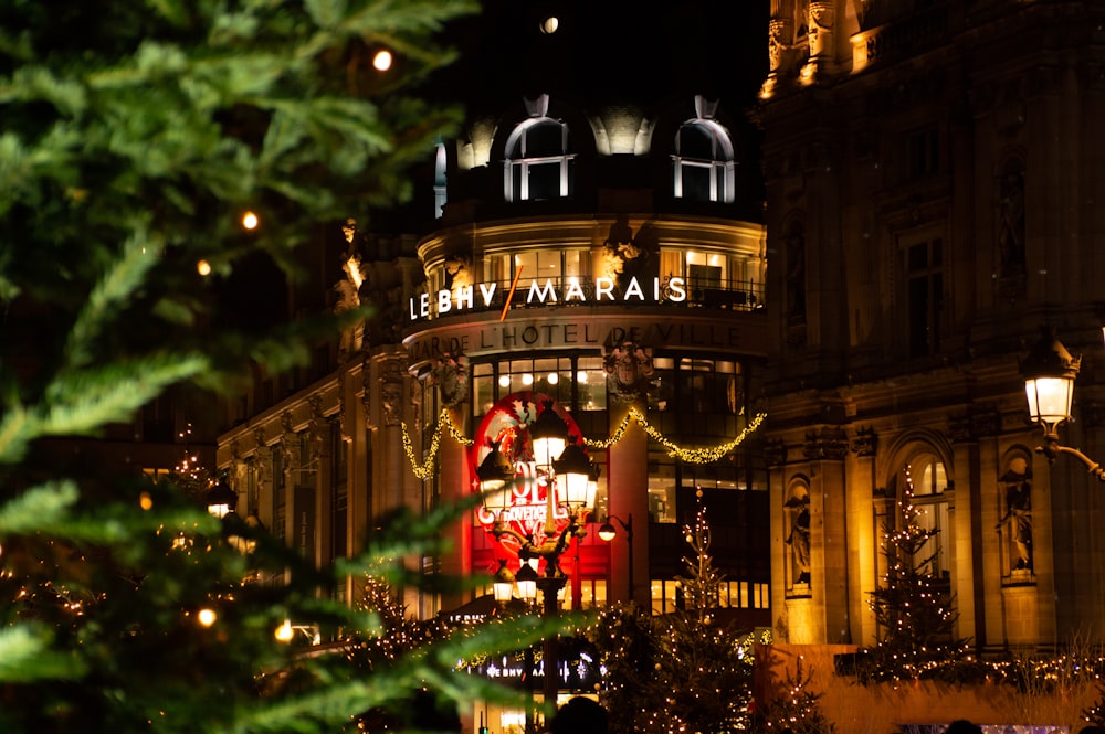 a christmas tree in front of a building