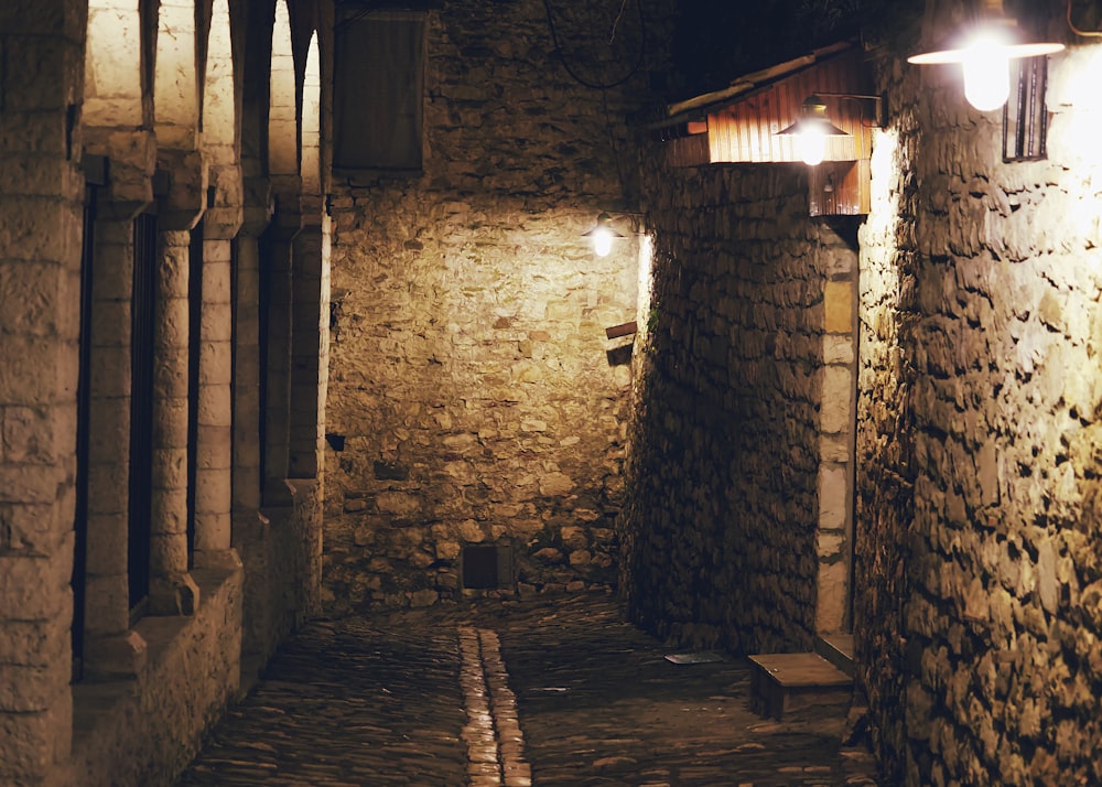 a dimly lit alley with stone walls and cobblestones