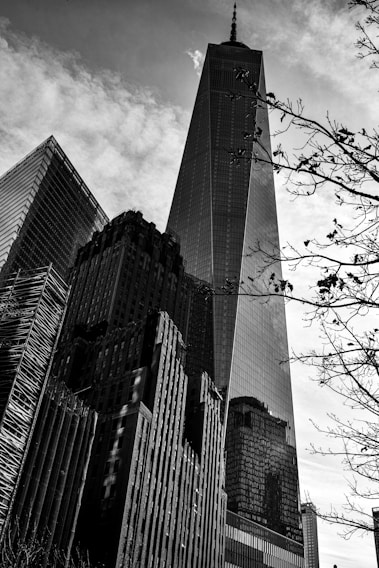 A dramatic black and white photograph featuring tall skyscrapers reaching into a cloudy sky, with intricate reflections on their glass surfaces. Shadows cast patterns across the buildings, adding texture and dimension. Bare tree branches frame the scene, providing contrast to the urban architecture.