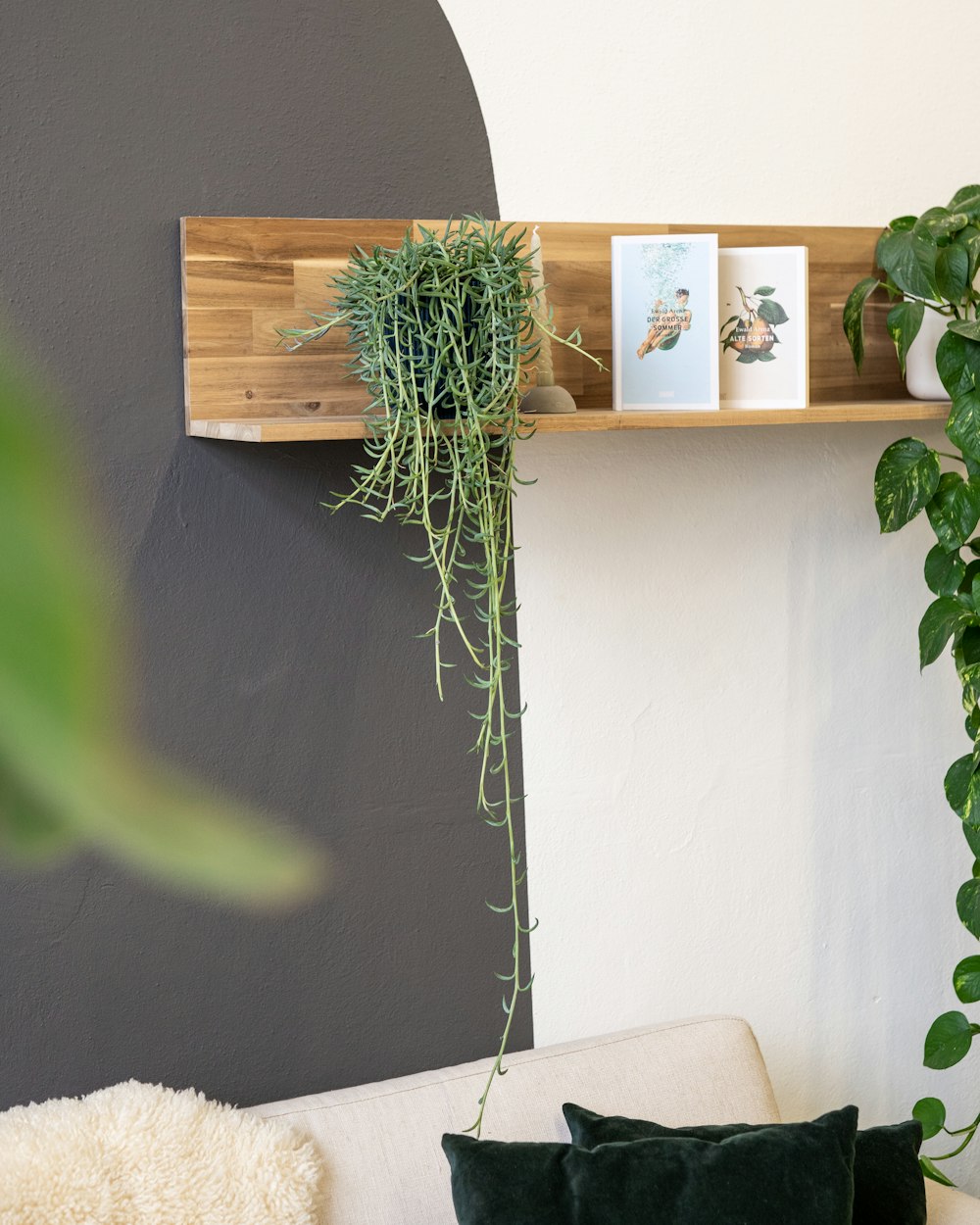 a living room with a white couch and a wooden shelf