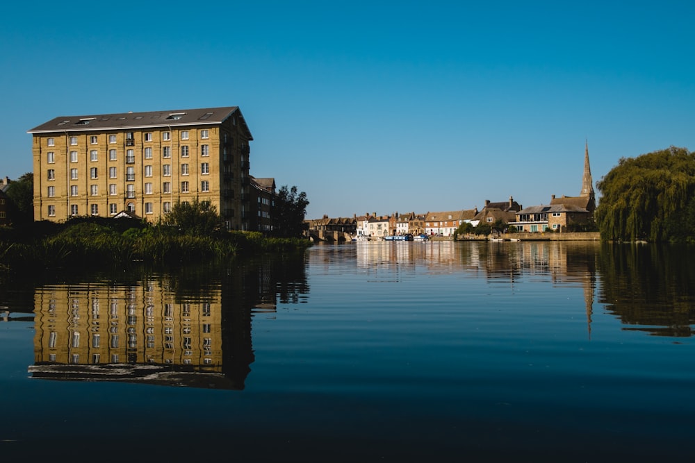 a body of water with a building in the background