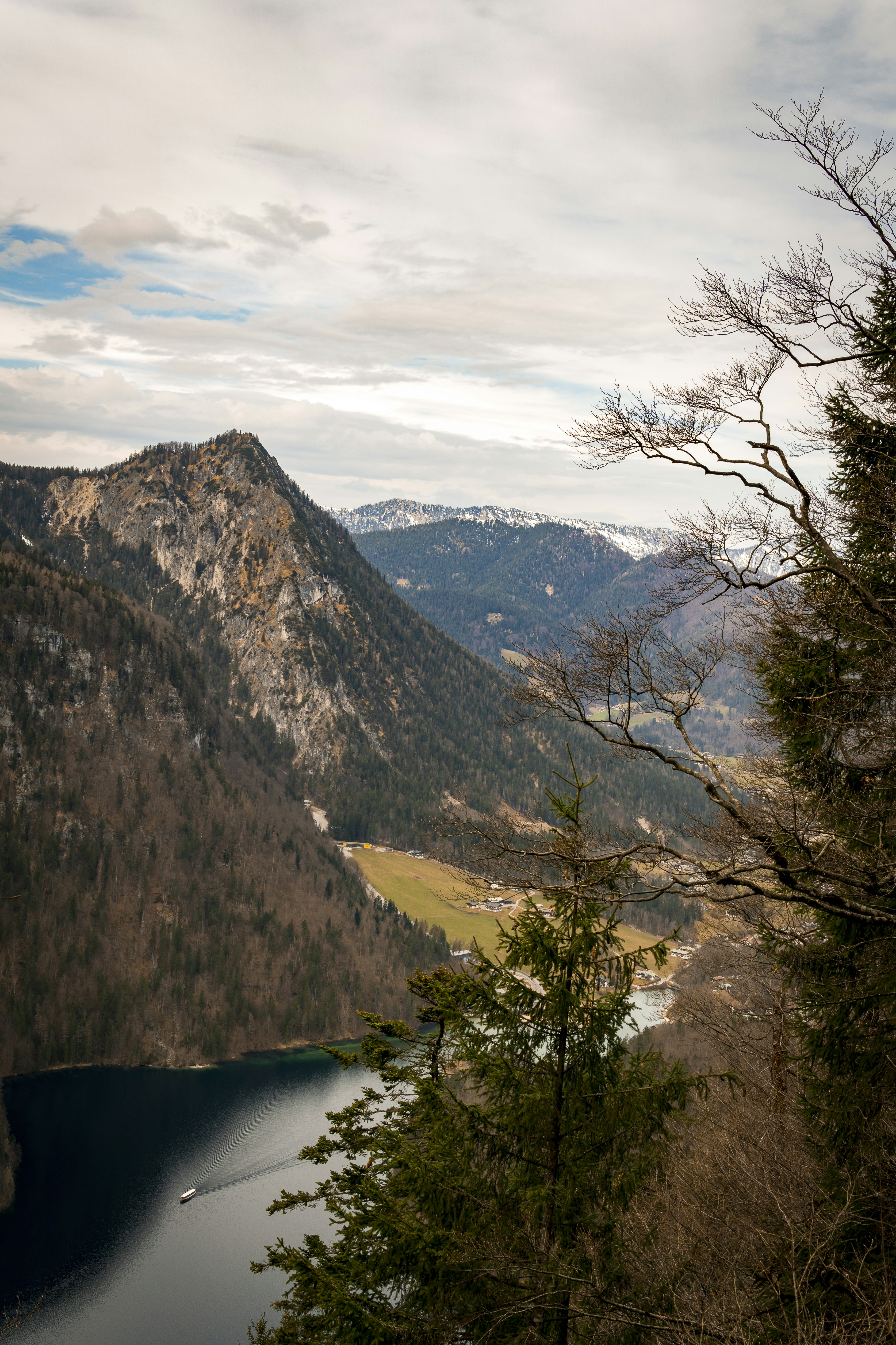 a view of a lake and mountains in the distance