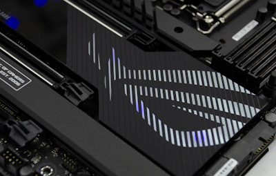 A motherboard layout featuring vibrant circuits and components.