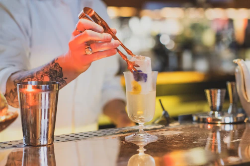 Artisan bartender carefully placing Vidama's ice cubes into a cocktail shaker in a stylish bar.