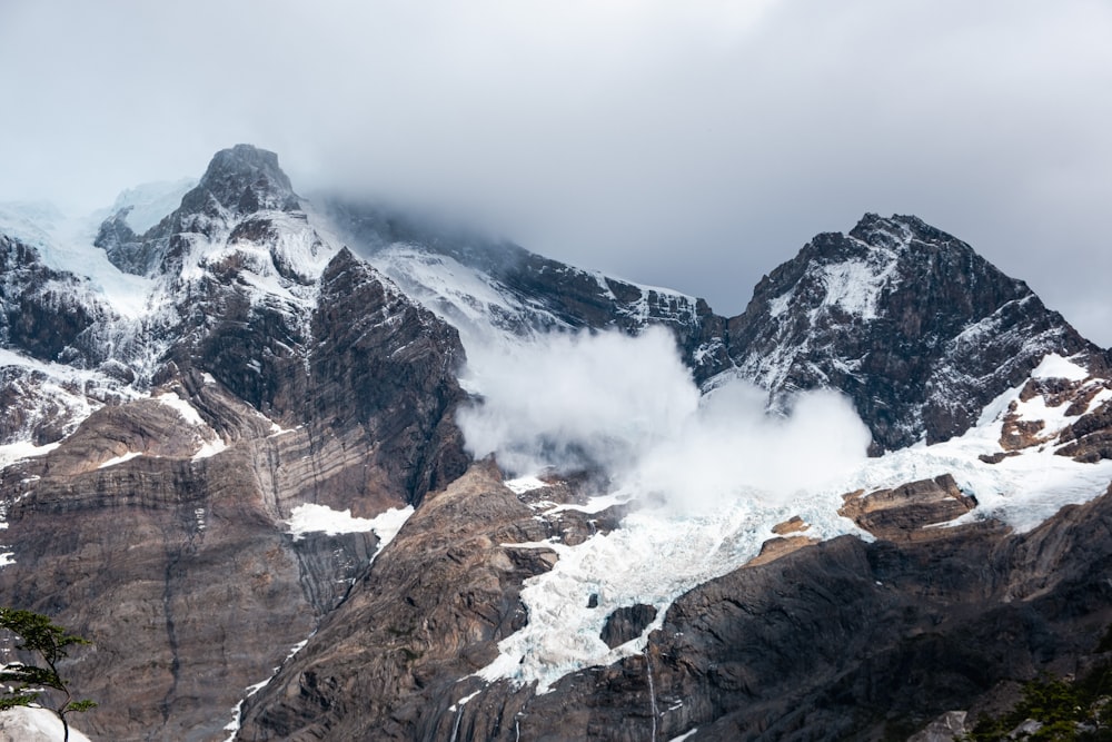 a mountain covered in snow and clouds on a cloudy day