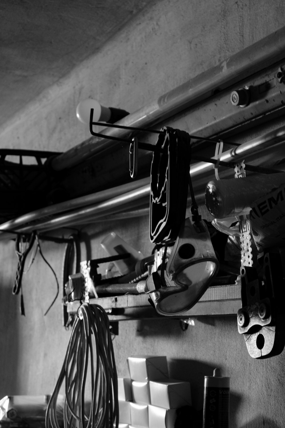 a black and white photo of a ski rack