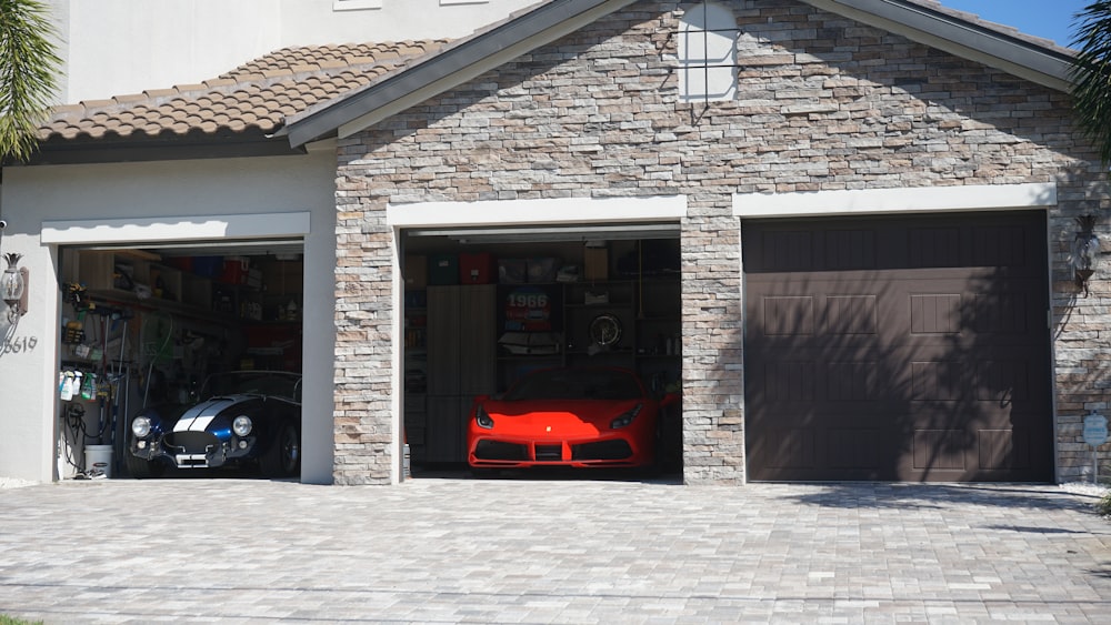 a car is parked in the garage of a house