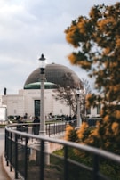 A large observatory building with a dome roof is seen in the background, surrounded by trees. The foreground features a railing and a lamp post, with some individuals walking and gathering outside the observatory.