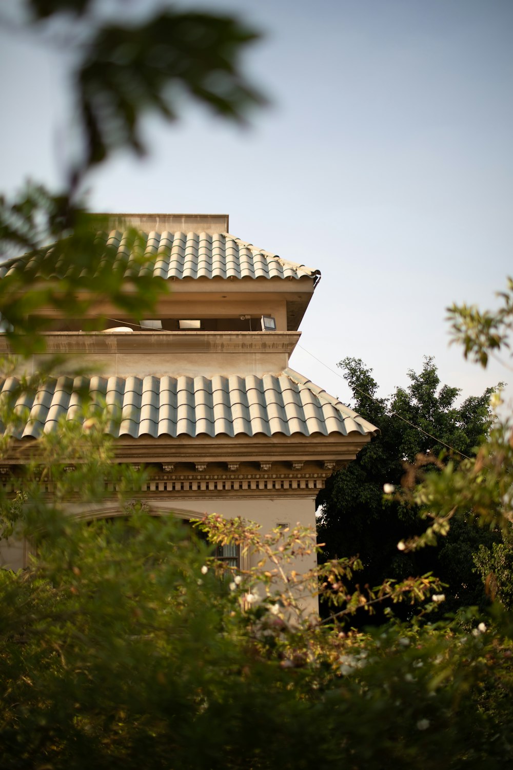 a view of a building through some trees