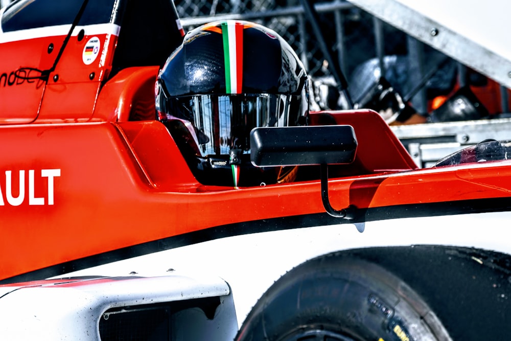a close up of a helmet on a race car