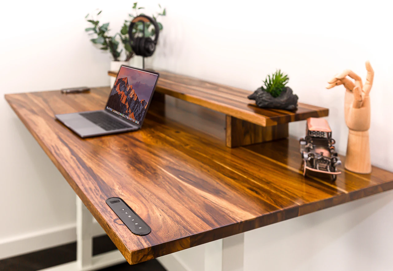 Laptop on wooden standing desk with plants and decor