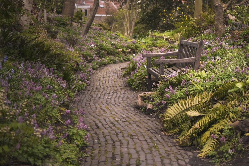 a wooden bench sitting in the middle of a garden