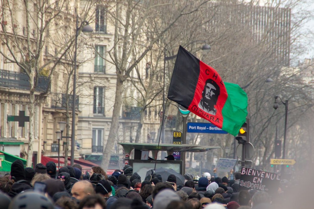 a large group of people standing in the street