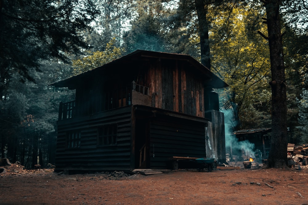 a cabin in the woods with smoke coming out of it