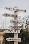 A wooden signpost outdoors features several directional signs, each pointing to different locations such as a loft restaurant, farm store, chef's garden, dairy bar, tours, and milking parlor. The signpost is surrounded by natural elements like bushes and tall grass with a muted, overcast sky in the background.
