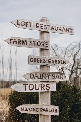 A wooden signpost outdoors features several directional signs, each pointing to different locations such as a loft restaurant, farm store, chef's garden, dairy bar, tours, and milking parlor. The signpost is surrounded by natural elements like bushes and tall grass with a muted, overcast sky in the background.