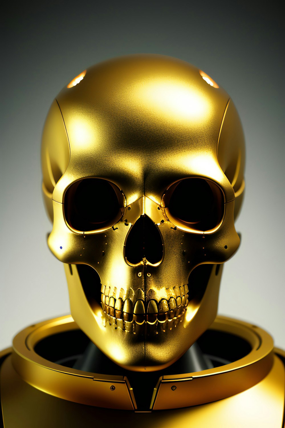 a golden skull statue sitting on top of a table