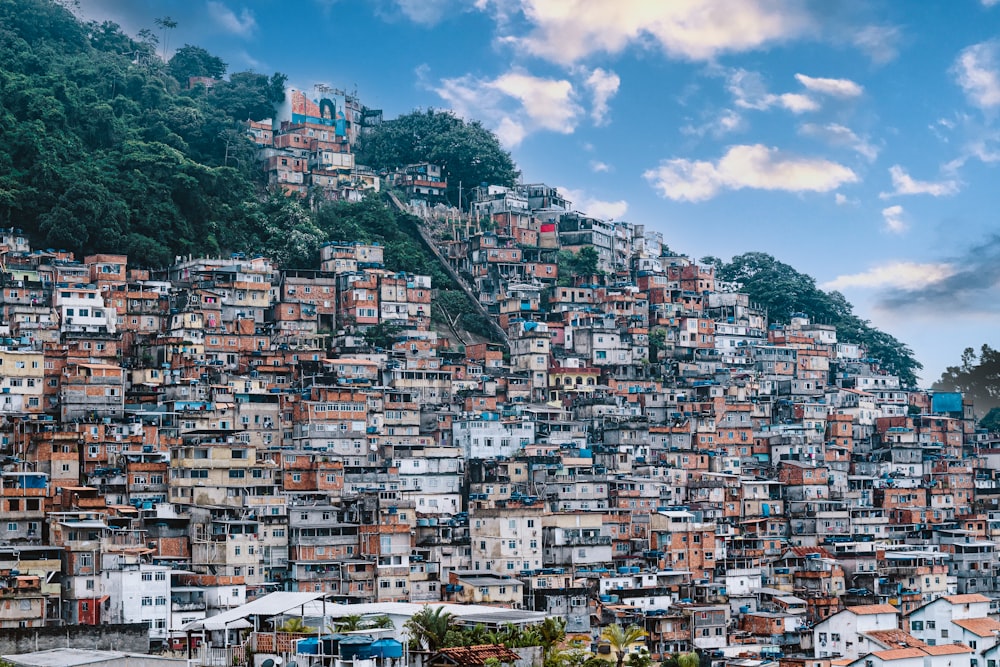 a hillside covered in lots of houses next to a forest