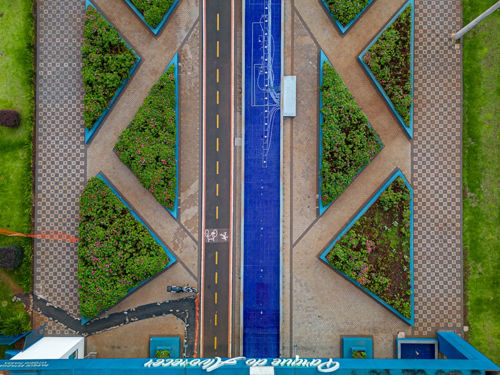 an aerial view of a street and a parking lot