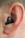 A close-up view of a human ear with an in-ear hearing aid device in place. The hearing aid is black, fitting snugly within the contours of the ear.