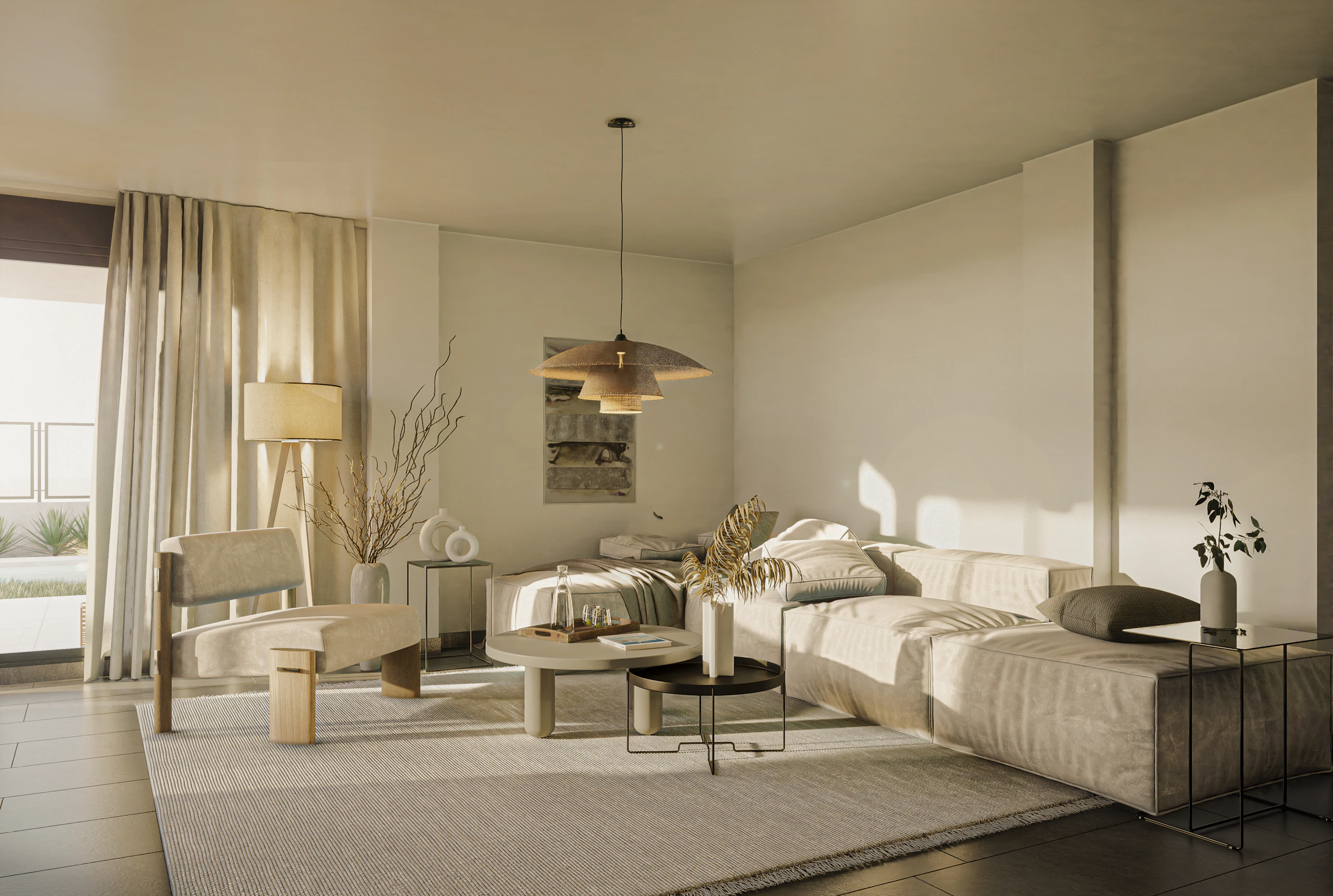 A sunlit, calm living room with sheer linen curtains, a sculptural pendant lamp, a low cream sofa and a round stone coffee table
