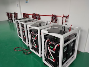Several battery storage systems are organized in a room with a green floor. Each system is housed within a white metal frame, featuring black components and various wiring connections. Coiled cables hang on the wall, and some cables are on the floor in front of the systems.