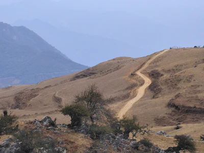 Dirt path winding through raw land with distant hills.
