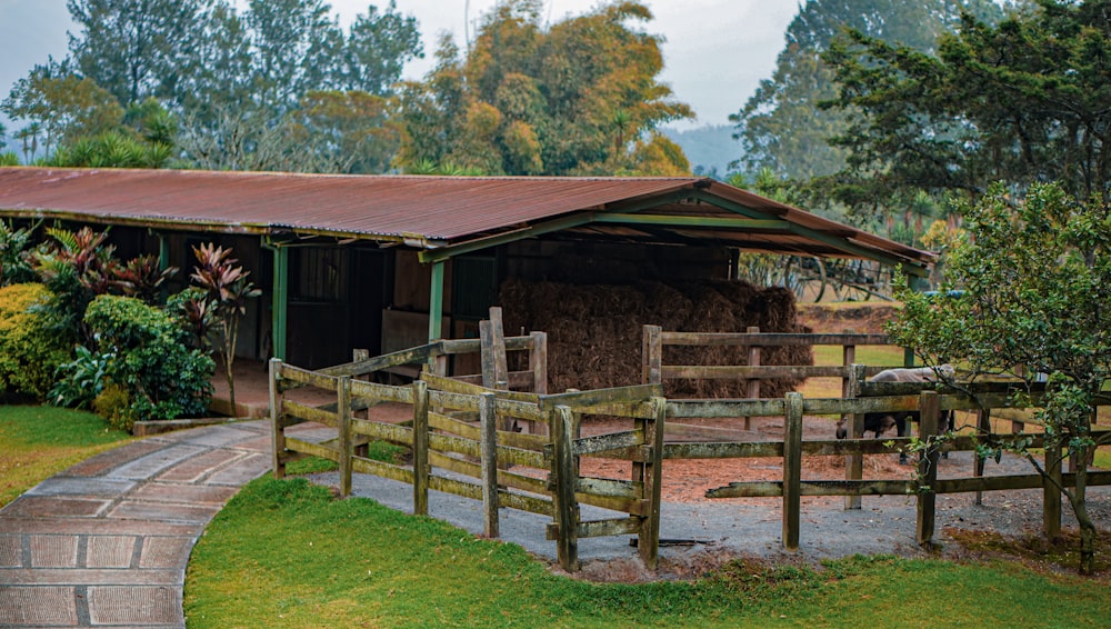 Un caballo está parado en un área vallada