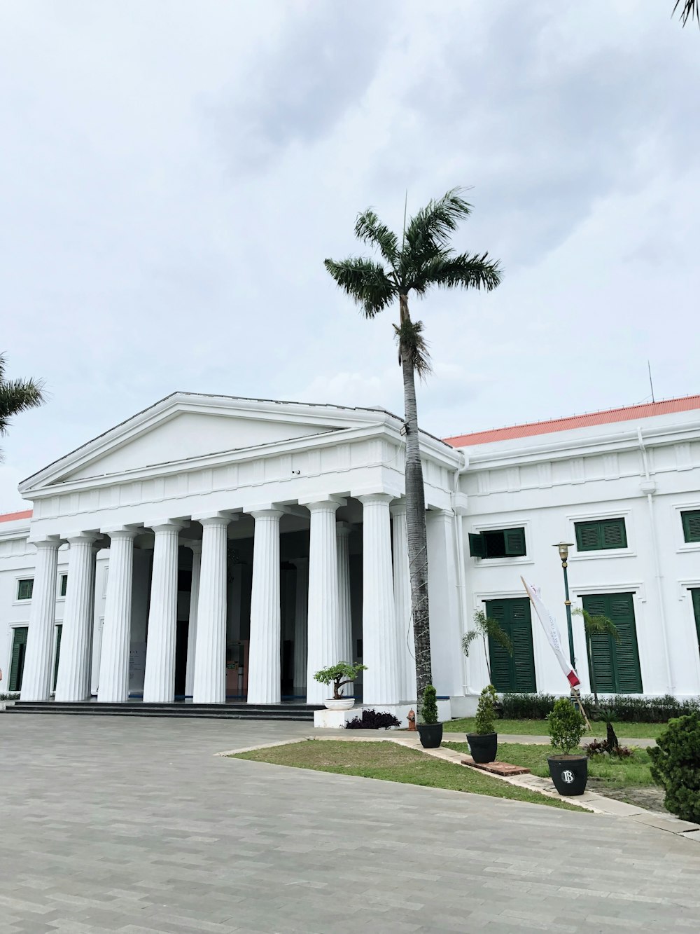a large white building with columns and palm trees