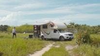 A white camper van is parked in a grassy field with an awning extended and outdoor chairs set up beside it. A person is walking towards the van from the left. The surroundings are filled with lush green vegetation and palm trees, under a clear blue sky with a few clouds.