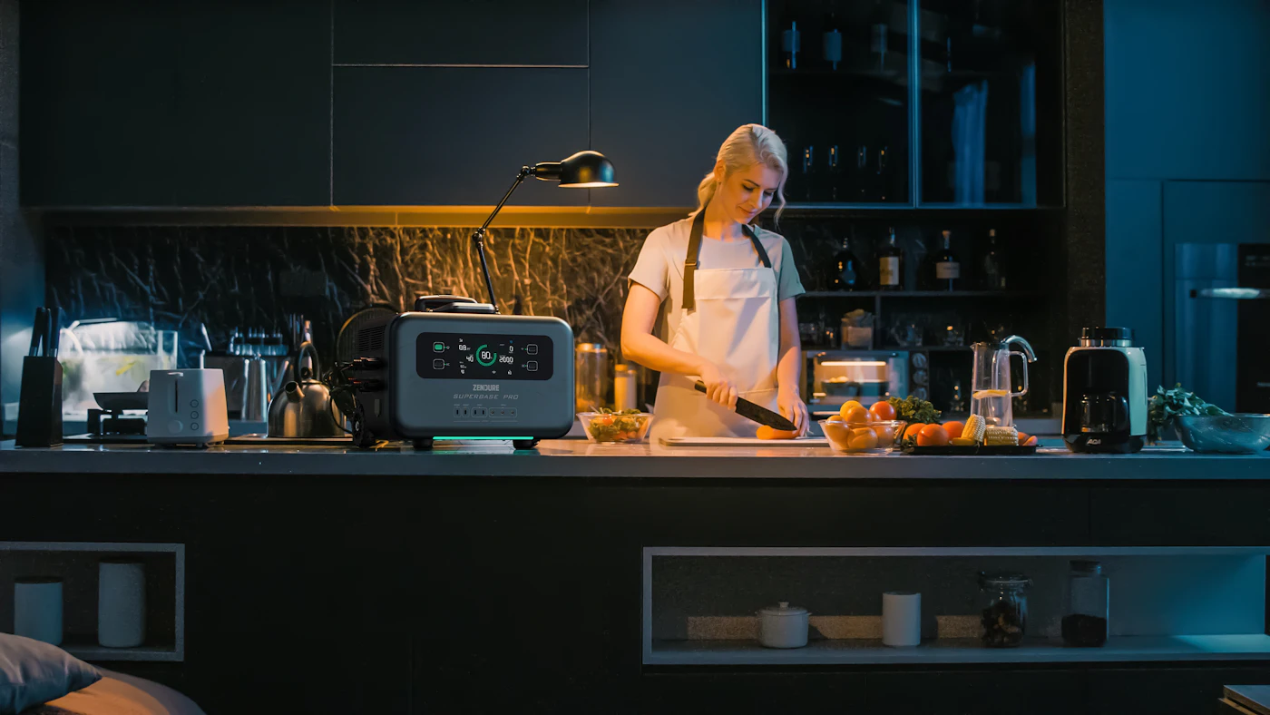 A woman preparing food in a kitchen with a portable battery keeping appliances running