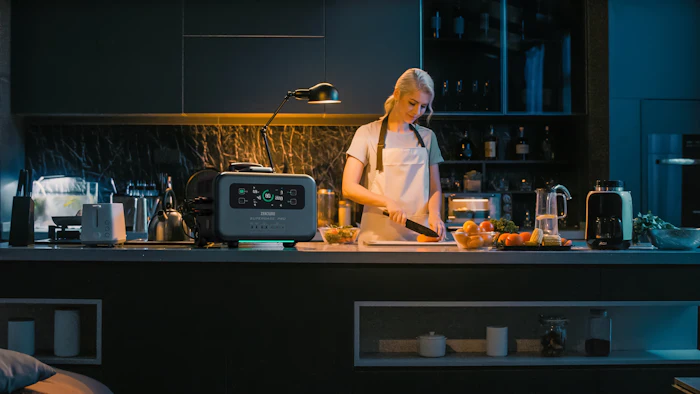 A woman preparing food in a kitchen with a portable battery keeping appliances running