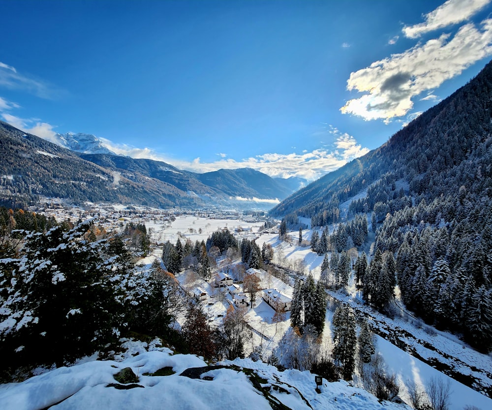 a scenic view of a snowy mountain town