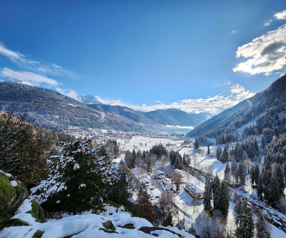 a scenic view of a snowy mountain valley